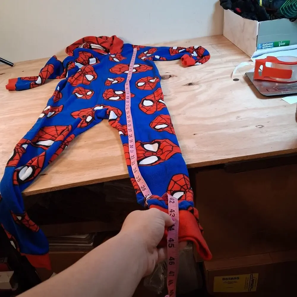 Spiderman Boys Pajamas Sz M Hooded One Piece Full Zip Sleepwear Marvel Red Blue